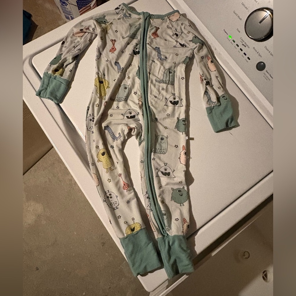 Caden Lane Monster Mash Print Kids Footie Pajama - Green and White